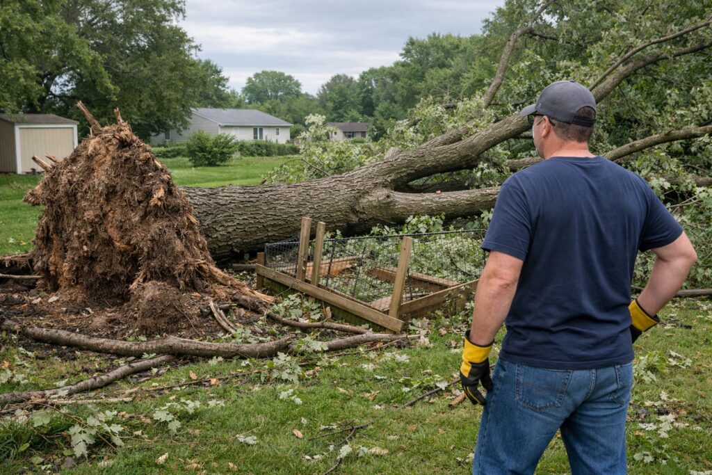 Homeowner assessing fallen tree damage as part of storm cleanup debris checklist after Peoria storm