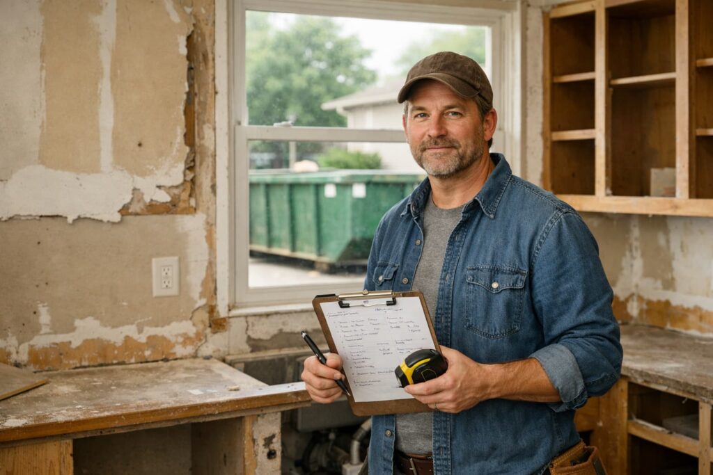 Homeowner budgeting for renovation waste removal costs with a roll-off dumpster visible in the driveway — Peoria IL