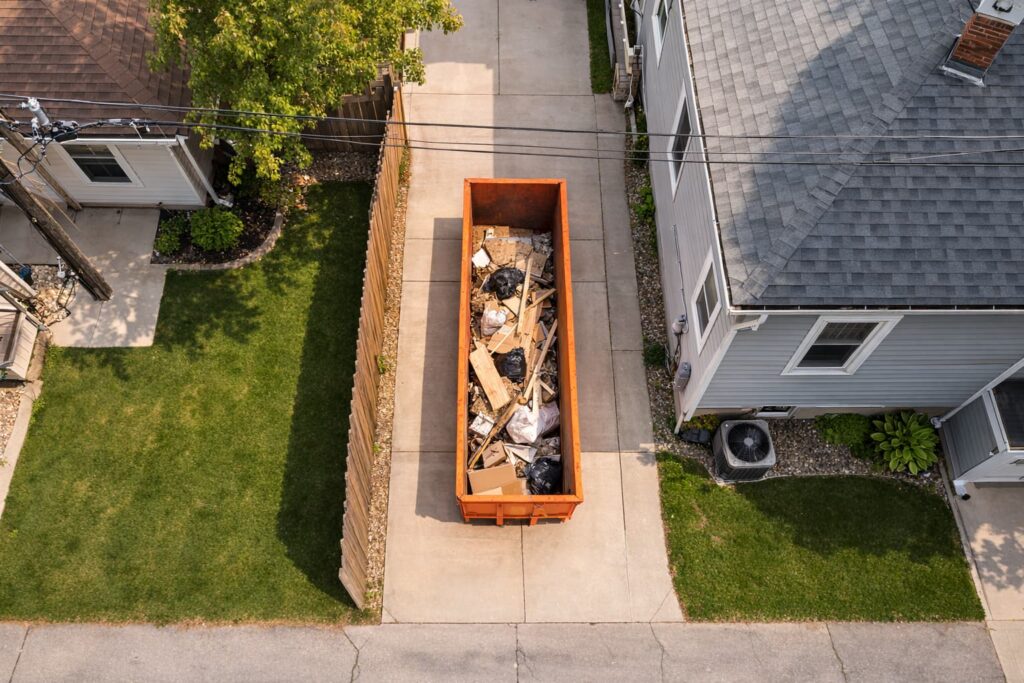 Roll-off dumpster placement on a narrow Peoria IL residential driveway showing clearance considerations to help decide between a 15 vs 20 yard dumpster