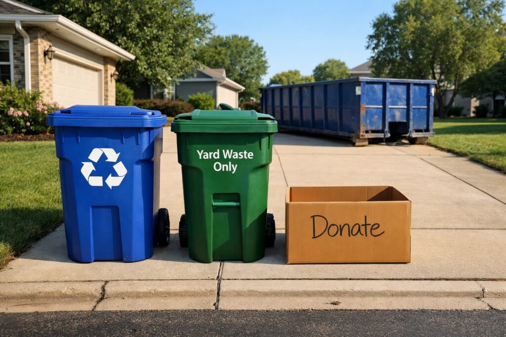 Smart sorting bins for recycling, yard waste, and donations on a Peoria IL residential driveway, with a roll-off dumpster in the background