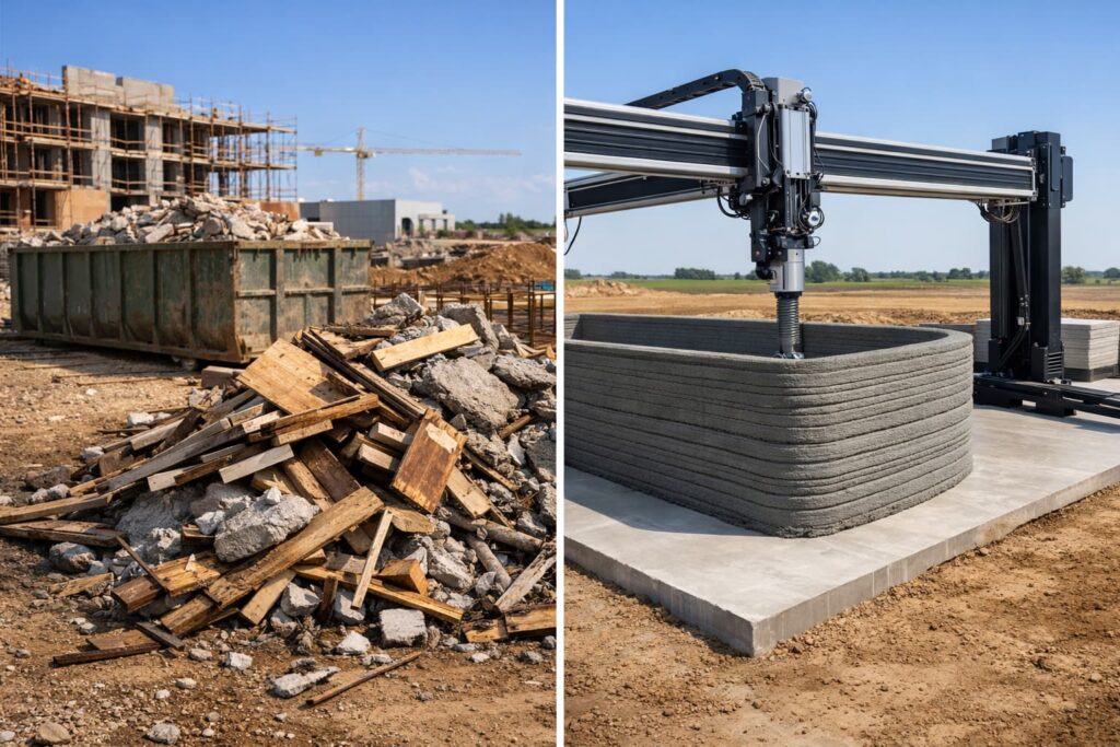 3D printing construction waste management comparison — traditional formwork waste vs additive manufacturing on a Peoria area job site