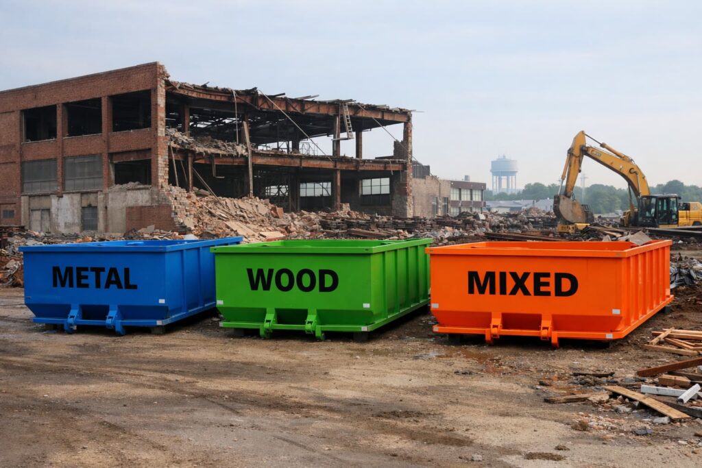 Color-coded roll-off dumpsters for construction site waste segregation on a Peoria IL job site