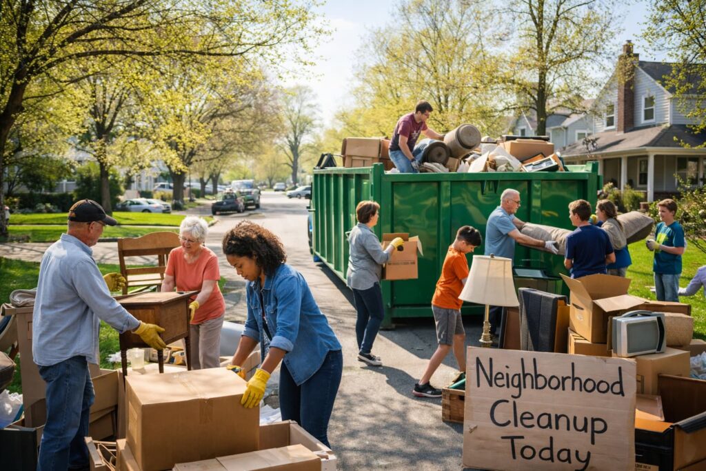 Volunteers organizing a community junk removal and disposal drive on a sunny Peoria Illinois neighborhood street with a roll-off dumpster