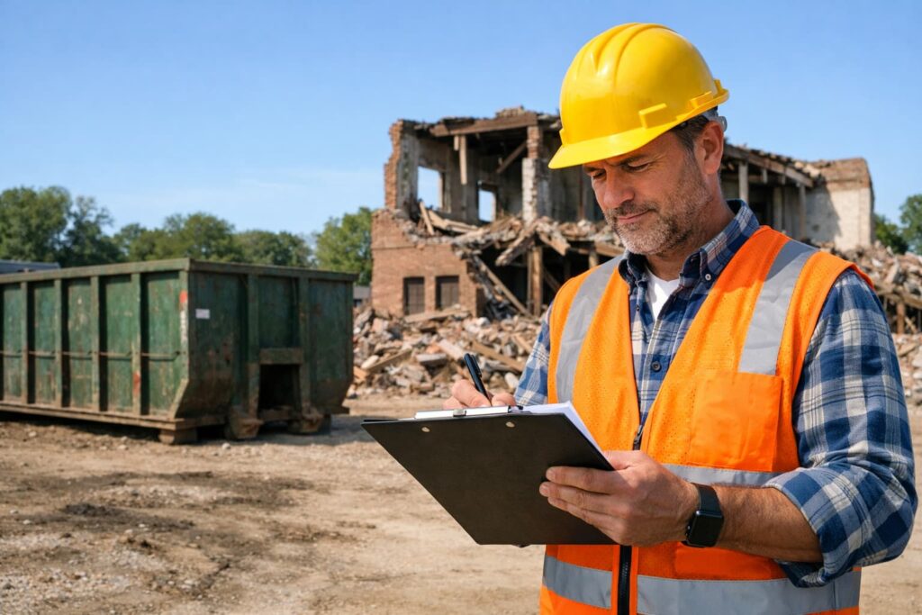Professional in high viz safety gear reviewing contractor licensing Illinois documents at a Peoria demolition job site with roll-off dumpster