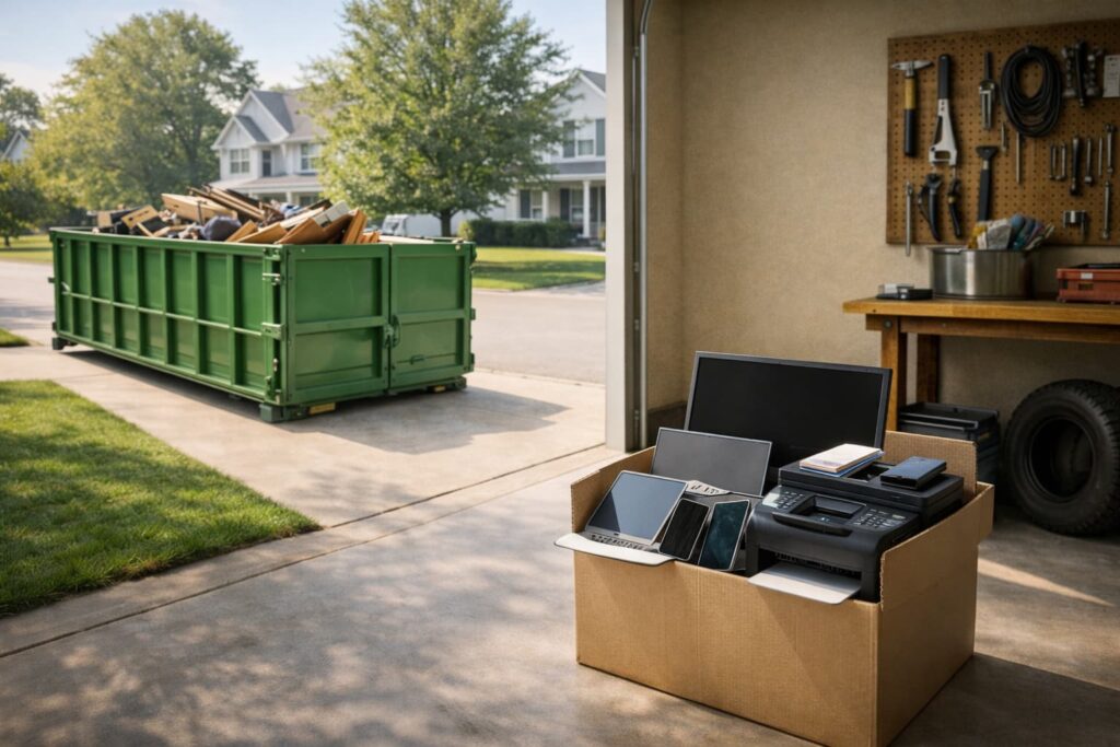 Residential garage cleanout showing electronics separated for e-waste recycling electronics disposal and dumpster for general junk in Peoria IL