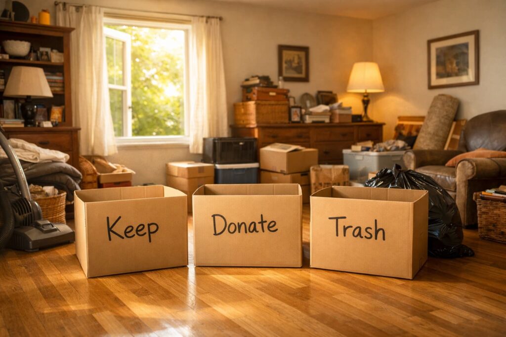 Cleaning out hoarder house in Peoria IL — sorting boxes labeled Keep Donate and Trash during a compassionate home cleanout