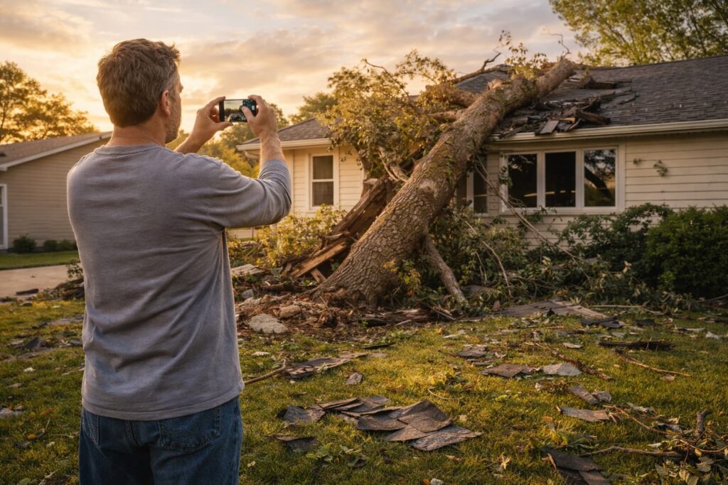 A Peoria homeowner documenting storm debris damage for an insurance claim for storm debris removal