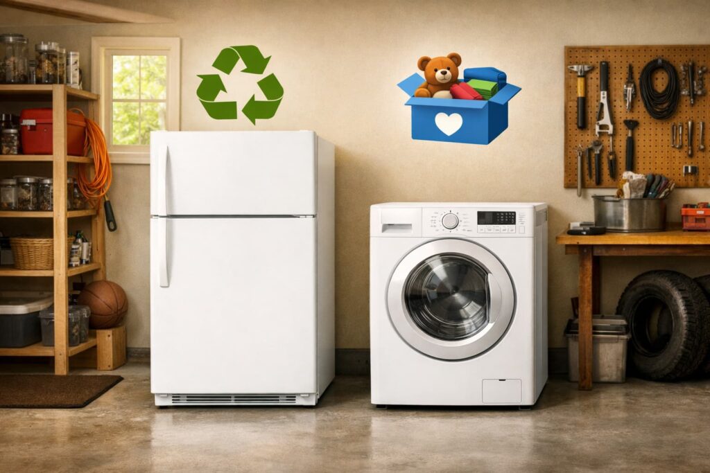 What to do with old fridges and washers in Peoria IL — a home garage scene showing a refrigerator and washer with recycling and donation icons