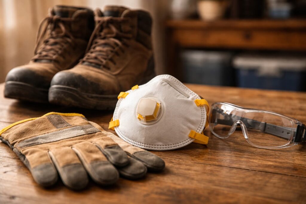 Personal protective equipment laid out before a hoarder house cleanup — gloves, N95 mask, and safety goggles