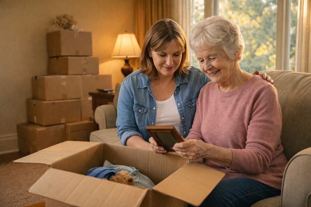 An adult daughter helping her elderly mother sort belongings during junk removal for seniors downsizing in Peoria, IL
