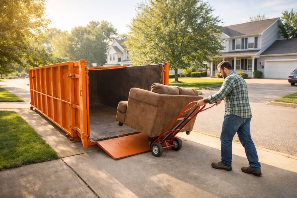 furniture removal dumpster tips — homeowner loading sofa through roll-off dumpster door using a furniture dolly