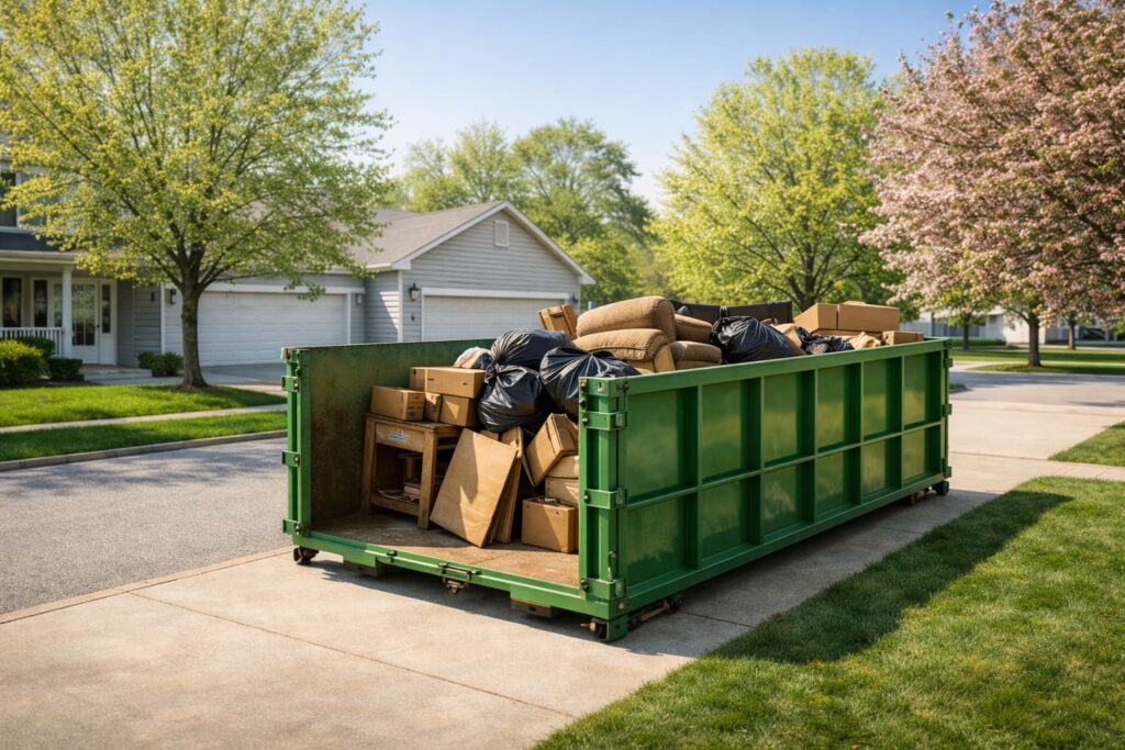 Roll-off dumpster rental for spring cleaning junk removal in a Peoria IL residential driveway surrounded by spring blossoms