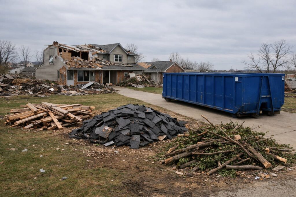Tornado recovery managing construction waste with sorted debris piles and roll-off dumpster in Peoria IL