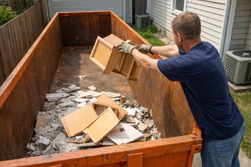 Homeowner loading kitchen remodel debris into a roll-off dumpster during a Peoria home renovation