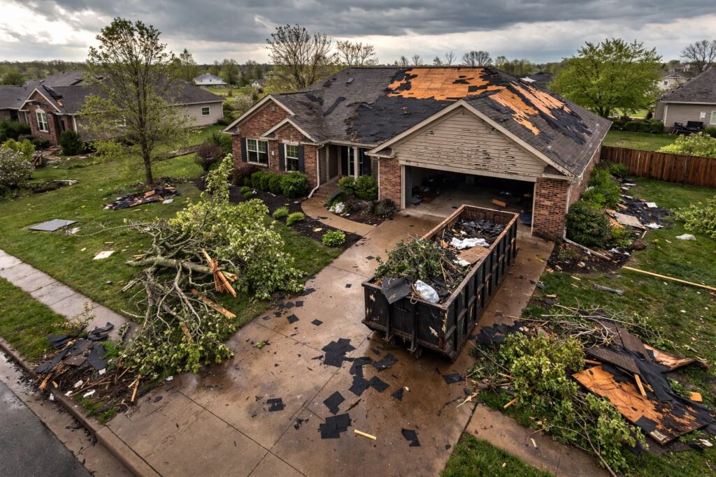 Aerial view of emergency dumpster delivery after storm at a Peoria Illinois residential property