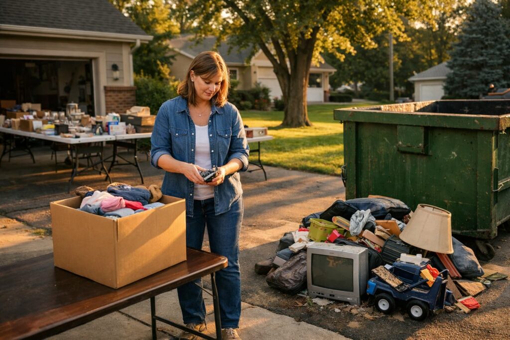 Homeowner sorting how to manage yard sale leftovers into donation box and dumpster in Peoria IL driveway