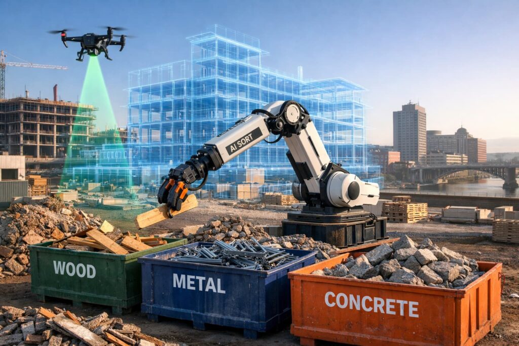 Emerging construction tech for waste reduction on a Peoria job site — AI robot sorting C&D debris
