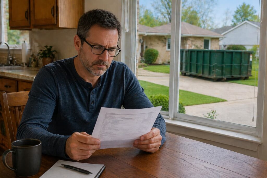 Homeowner reviewing a dumpster rental quote — finding a cheap dumpster rental Pekin IL without hidden fees starts with asking the right questions before you book