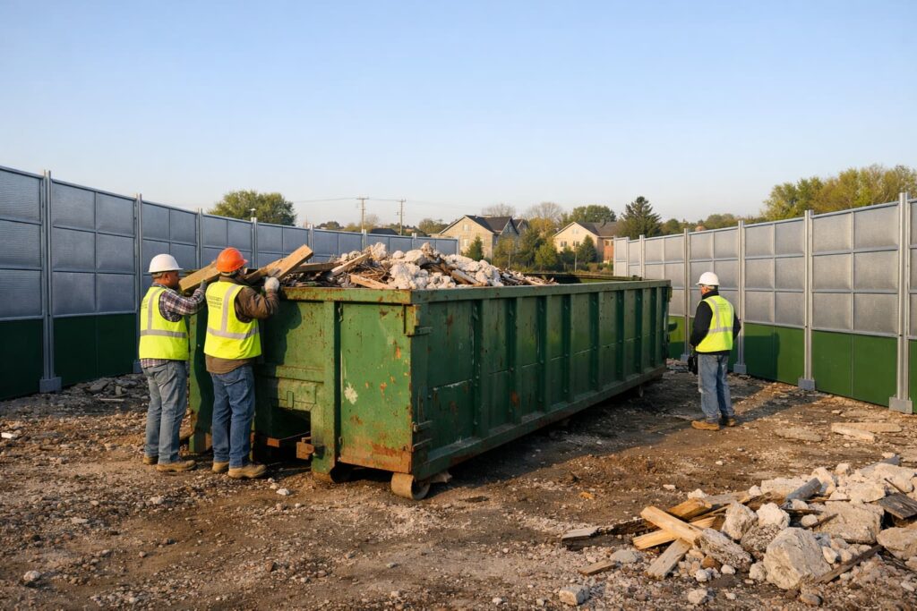 noise control measures around construction dumpsters using acoustic barrier panels on a Peoria IL job site
