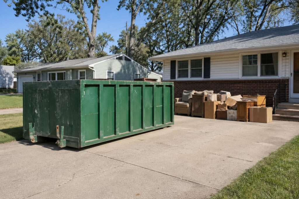dumpster rental Pekin IL in a suburban driveway during a home cleanout