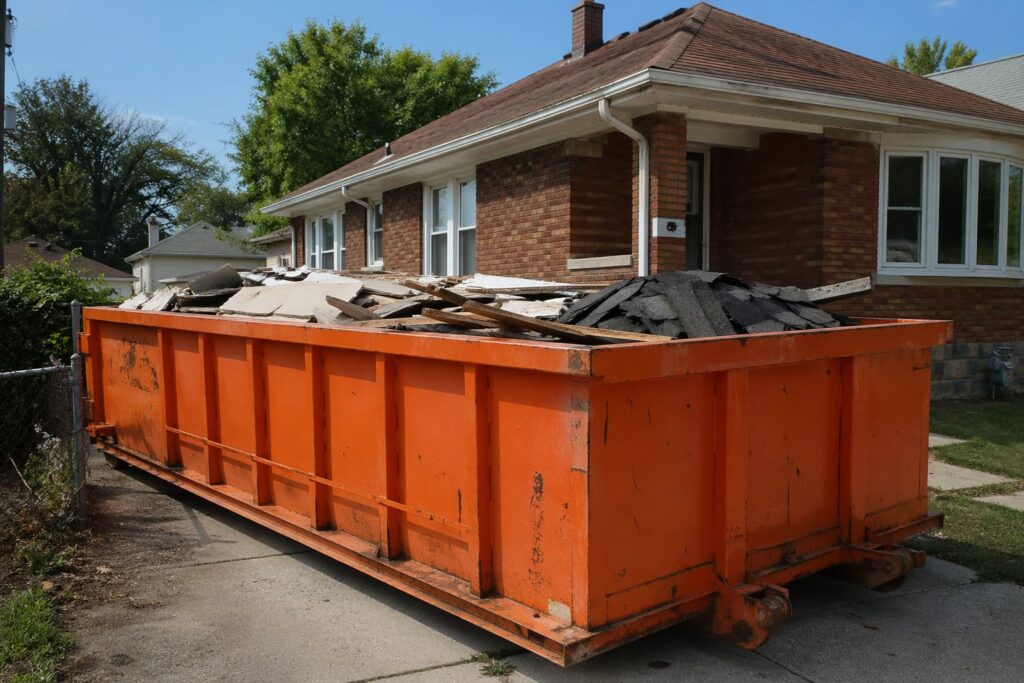 roll off dumpster Pekin IL parked on residential driveway full of construction debris