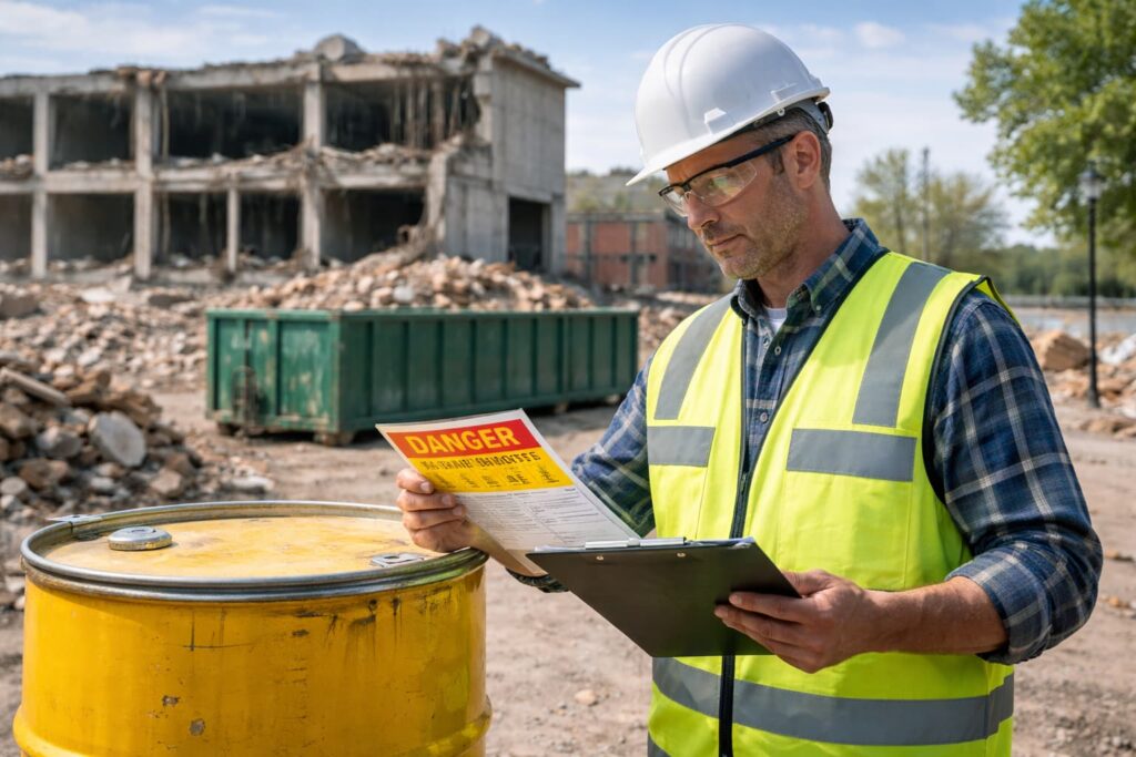 Contractor reviewing managing hazardous materials disposal rules on a Peoria IL job site