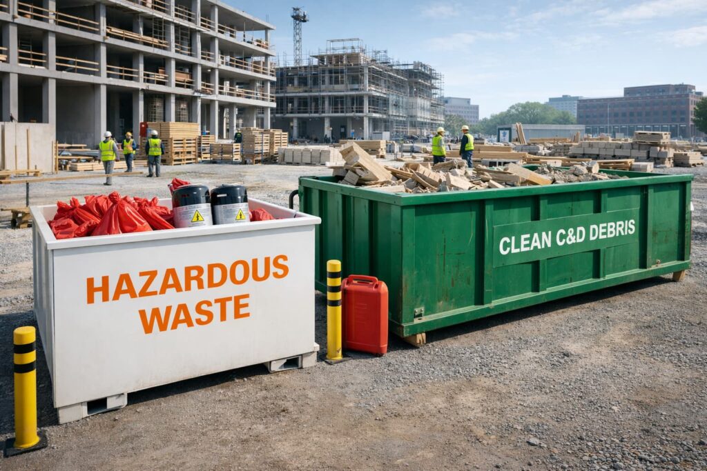 Separate hazardous and non-hazardous waste containers on an Illinois construction site