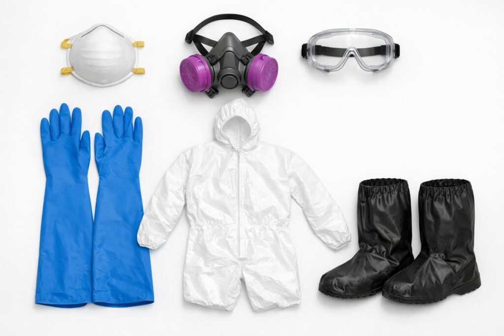 Protective gear for mold cleanup including N95 respirator, P100 half-face respirator, nitrile gloves, sealed goggles, and Tyvek coveralls laid out on a white background