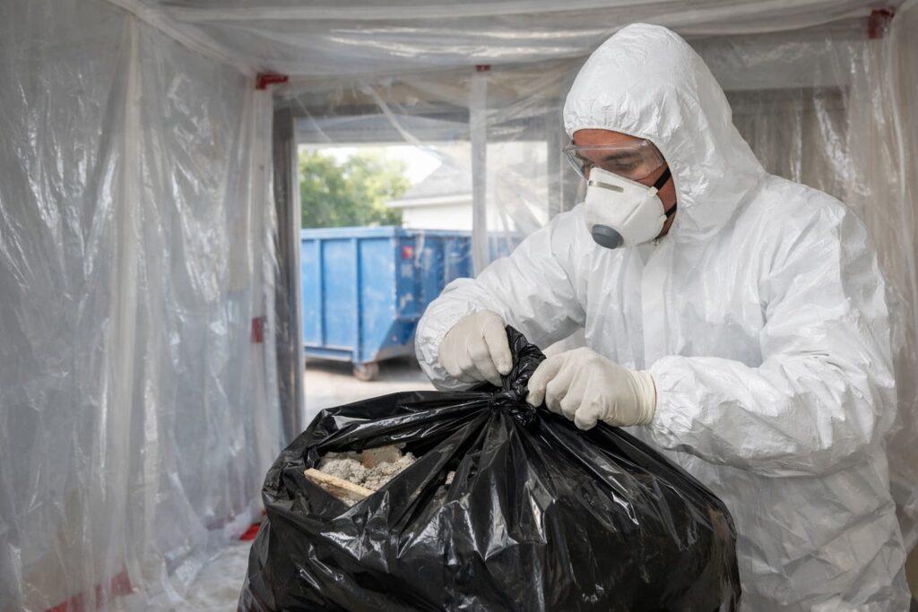 Contractor following a mold remediation checklist dumpster rental process — bagging contaminated drywall inside a containment zone with a roll-off dumpster visible in the driveway