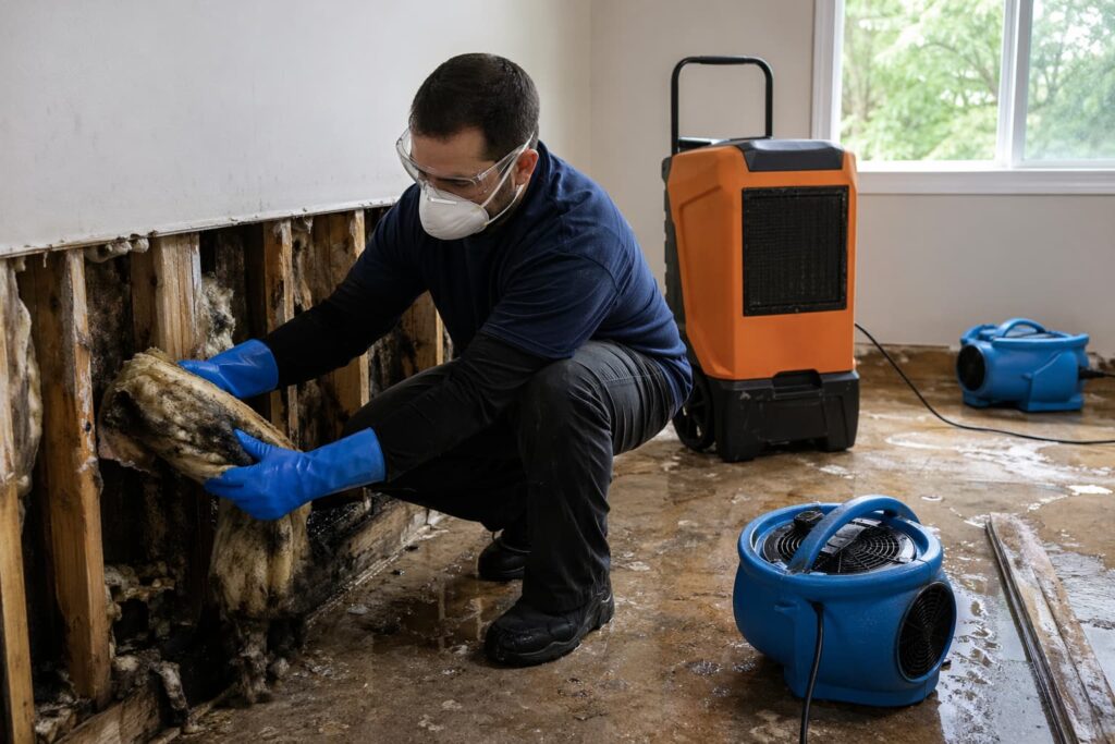 mold drying and removal tips — homeowner wearing PPE removes saturated insulation from a water-damaged wall cavity with fans and dehumidifier running