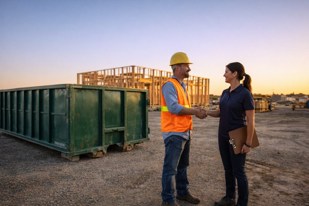 Contractor and site services provider shaking hands beside a roll-off dumpster on a Peoria, IL construction site — illustrating the benefits of partnering with site services providers