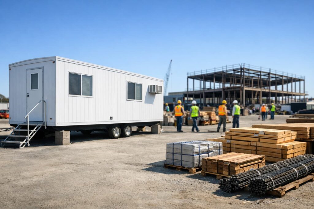 Portable office on a construction site in Peoria IL with workers in background