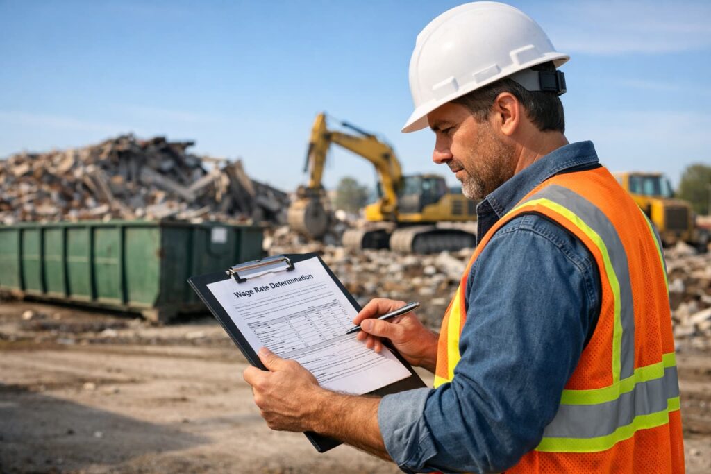 Contractor reviewing prevailing wage and debris removal costs on a Peoria IL public works demolition site