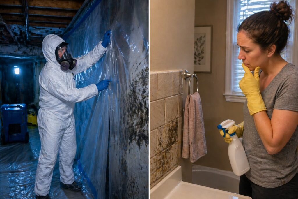 professional vs DIY mold remediation comparison showing contractor in full PPE beside homeowner with basic supplies
