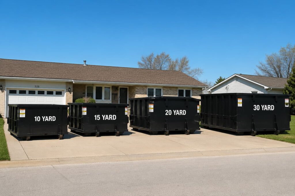 Four roll-off dumpster sizes to help you rent a dumpster Pekin IL — 10, 15, 20, and 30 yard containers shown side by side for comparison