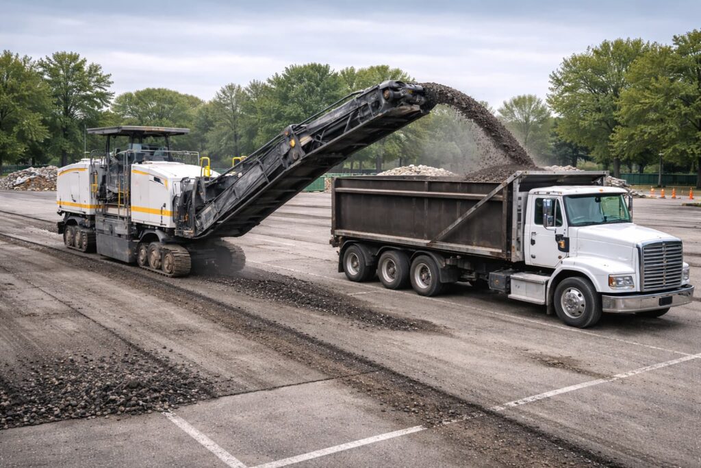 asphalt milling machine producing reclaimed asphalt pavement RAP on a demolition site in Central Illinois showing recycling concrete asphalt sustainable demolition in action