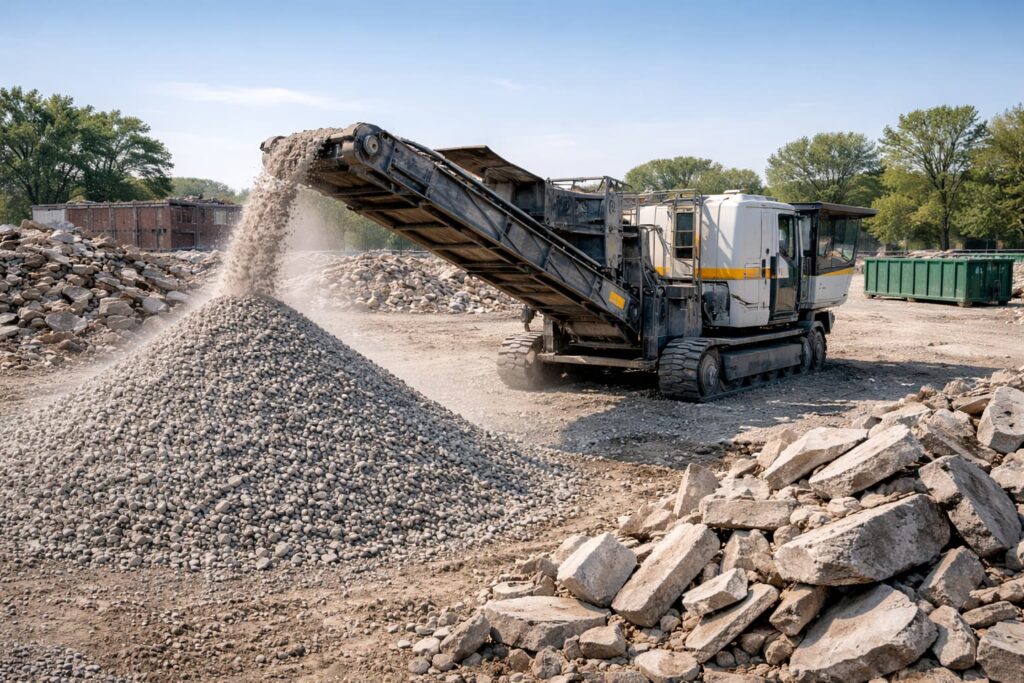 recycling concrete asphalt sustainable demolition - mobile crusher processing RCA on a Peoria IL job site