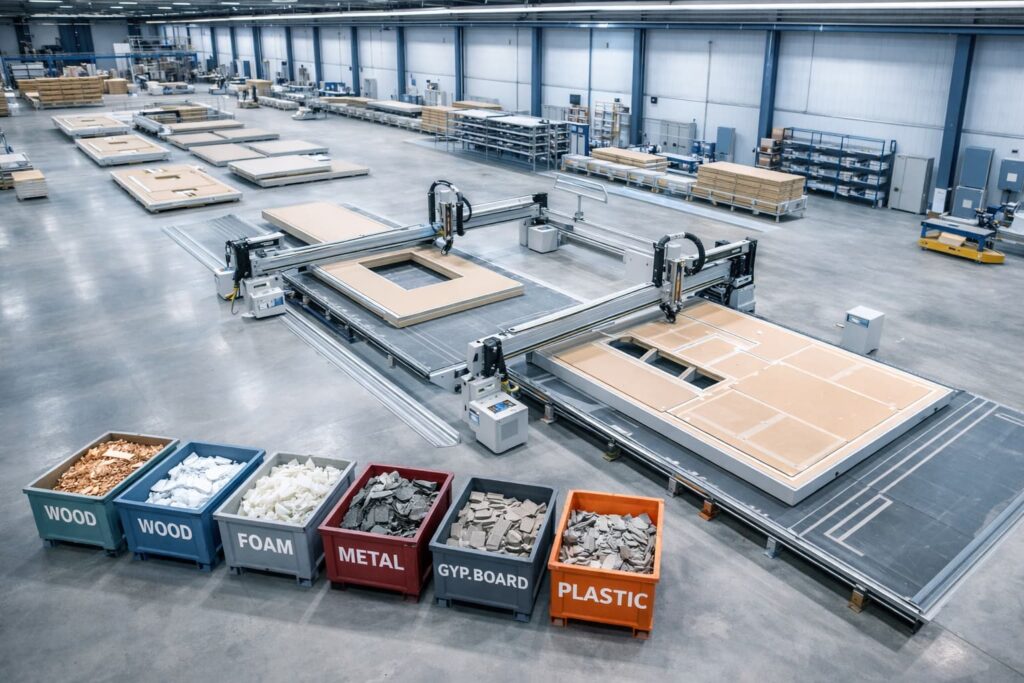 Factory prefabrication floor showing minimal waste generation through modular construction