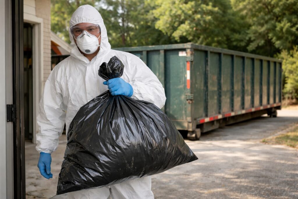 Worker in PPE carrying sealed bag for safe disposal of mold infested materials next to a roll-off dumpster