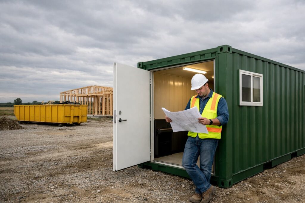 Shipping container office logistics for job sites — a modified 20-foot container used as a field office on an Illinois construction site
