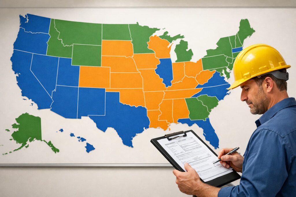 state-by-state guide to general contractor licensing — US map showing licensing models by state with contractor reviewing compliance documents
