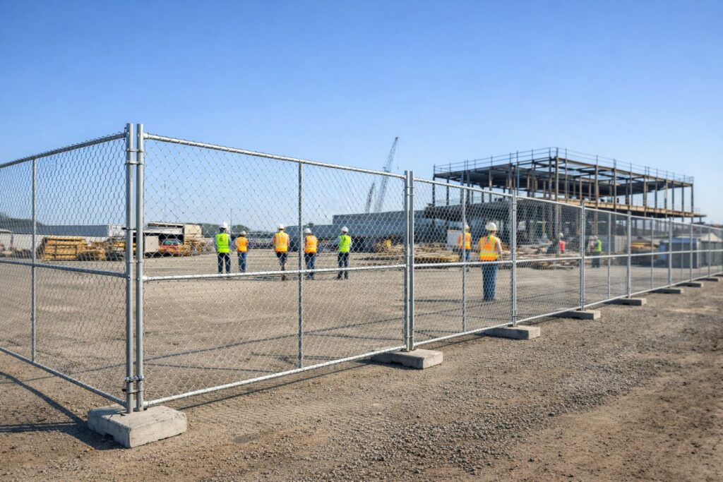 Temporary fencing solutions for construction safety on a Peoria IL commercial job site with chain link perimeter panels