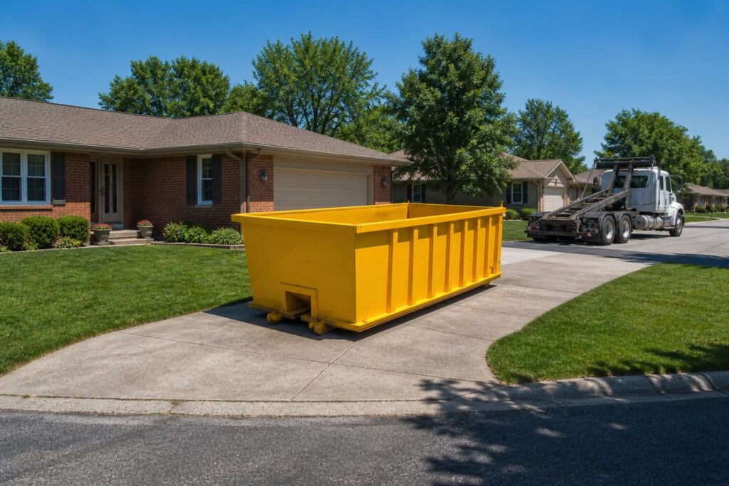 same day dumpster rental Pekin IL — yellow roll-off container arriving at a suburban driveway on a clear morning