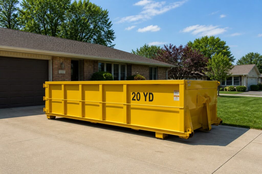 dumpster rental East Peoria IL — yellow 20-yard roll-off container in a residential driveway