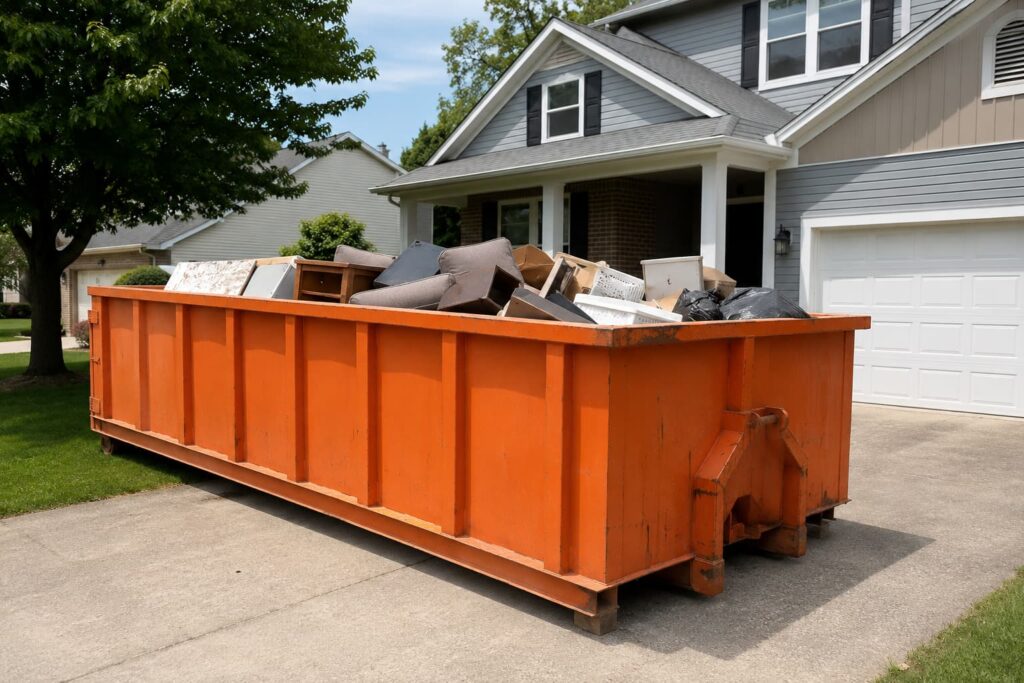20 yard dumpster Morton IL placed on residential driveway during full house cleanout project in Tazewell County