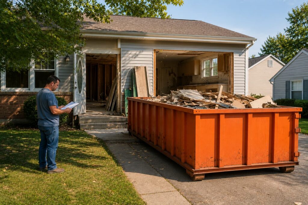 remodel dumpster rental Dunlap IL staged at home before kitchen demolition begins in Peoria County