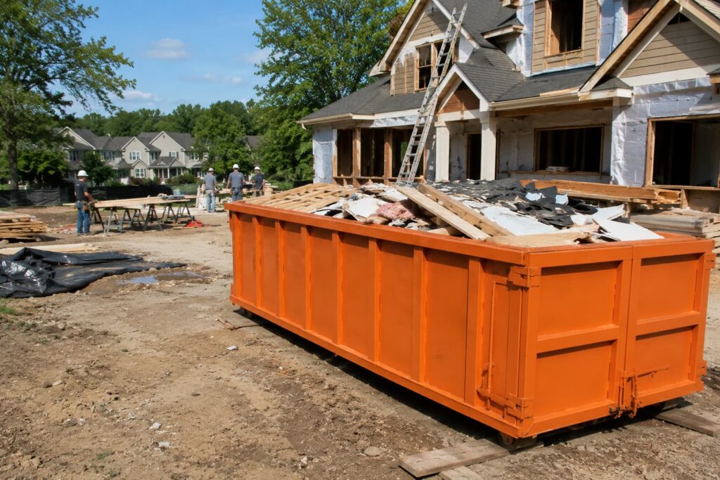 construction dumpster Morton IL loaded with mixed renovation debris including drywall and lumber on active job site