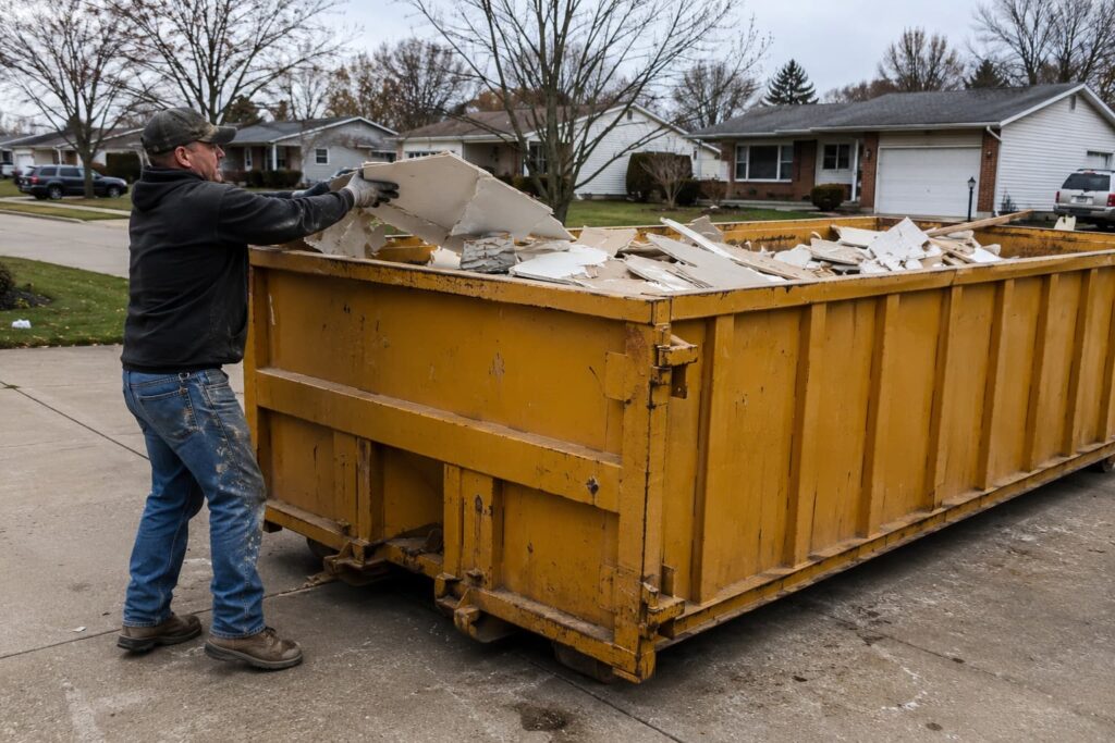 contractor loading renovation debris into a roll-off dumpster in East Peoria IL