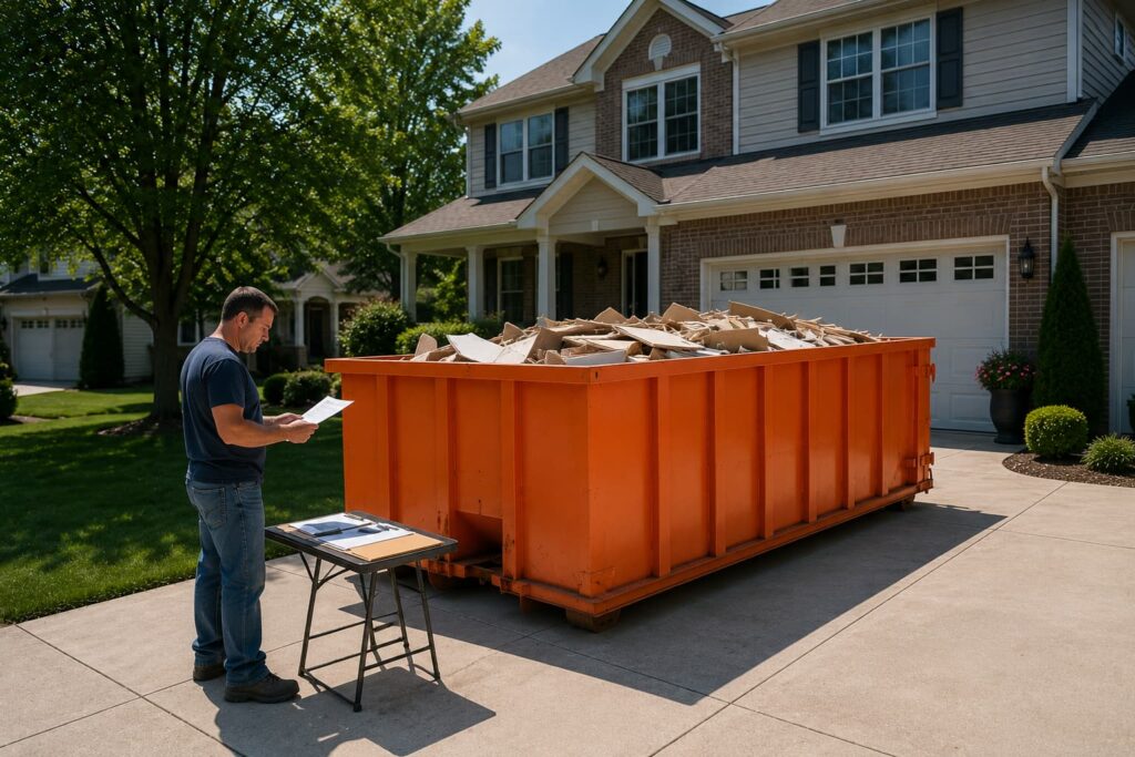 Homeowner reviewing a printed quote beside a 20-yard orange roll-off container on a suburban driveway, illustrating dumpster rental Dunlap IL cost considerations for residential renovation debris removal in a quiet Illinois neighborhood.