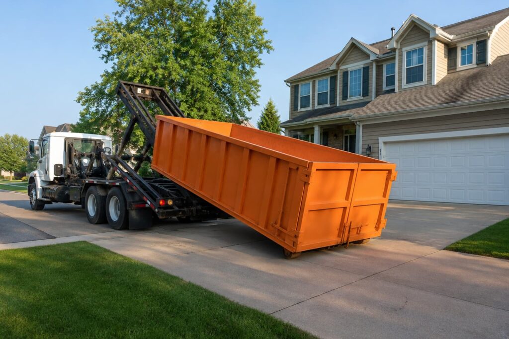 umpster rental Morton IL delivery truck placing roll-off container on residential driveway in Tazewell County